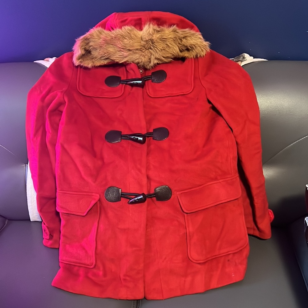 Red Wool Coat w/ rabbit fur lined hood size small
